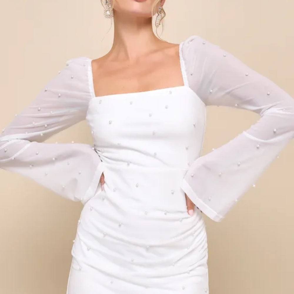 Flirty Luxury Ivory Mesh Pearl Long Sleeve Mini Dress